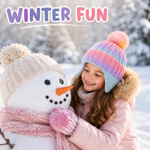 Girls Rainbow Earflap Beanie, Kids Pom Pom Knit Winter Ski Hat Ages 3-8 - color: Pompom - Multicolor