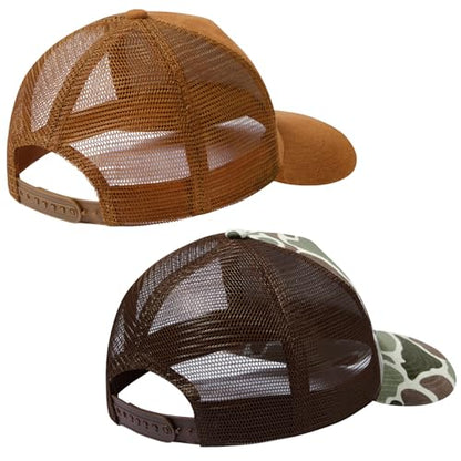Suede Curved Brim Trucker Cap Adjustable Snapback Hat Mesh Back Breathable for Men Women 2 Pack SH03 - color: Pack of 2, Brown & Color Block Camo