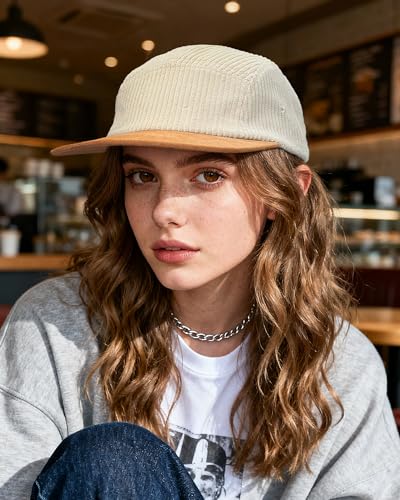 Croogo Corduroy 5 Panel Baseball Cap Flat Brim Two Toned Hats Street Style - color: D5ph05-beige