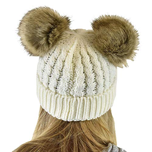 C.C 2 Ear Pom Pom Cable Knit Soft Stretch Cuff Skully Beanie Hat - color: Faux Fur Ivory