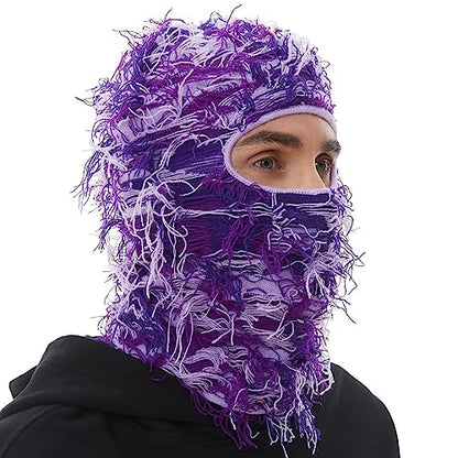 ROXUN Distressed Ski Mask Balaclava, Yeat Shiesty Fluffy Knitted Full Face - color: 01- Purple Mixed