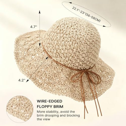 Beach Sun Hats for Women, Wide Brim Straw Hat, UPF 50+ UV Protection - color: Beige -String
