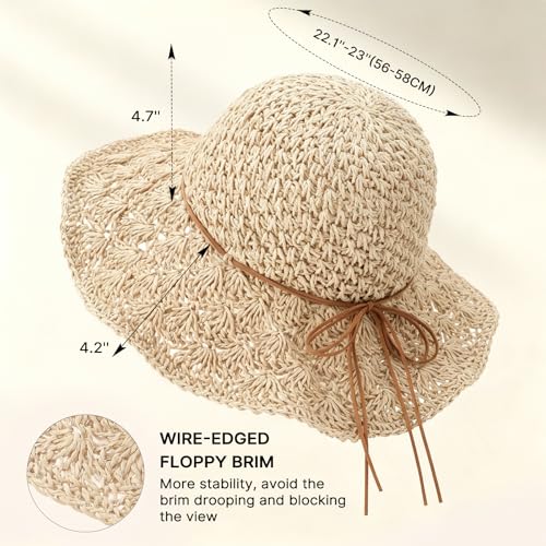Beach Sun Hats for Women, Wide Brim Straw Hat, UPF 50+ UV Protection - color: Beige -String