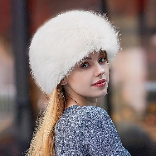 Peicees Winter Faux Fur Hat for Women Russian Style Ladies Ushanka Warm Fluffy Bucket Hat Fuzzy Furry Cap - color: White
