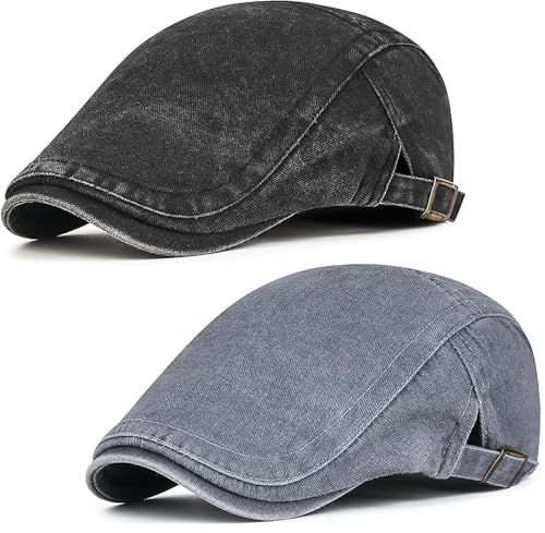 Initlove Mens Newsboy Cap Washed Beret Ivy Hat Flat Hats for Cabbie Driving - color: Black + Grey