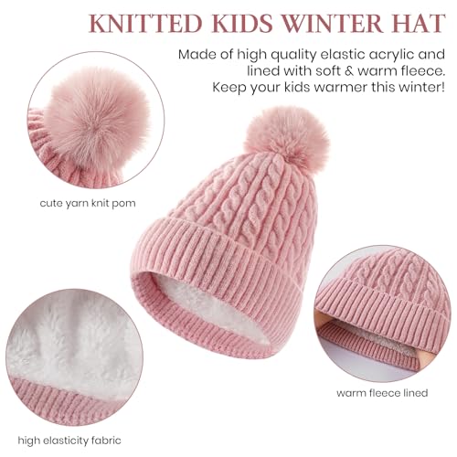 Kids Winter Hat Gloves Scarf Set, Double Pom Beanie Soft Neck Warmer Gloves