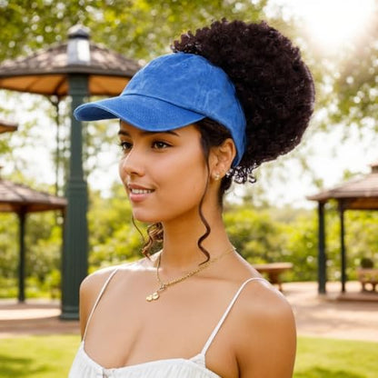 2 Pack Backless Cap for Women Natural Curly Hair Hat Baseball Cap Afro Puff Ponytail Hat - color: B-blue+yellow