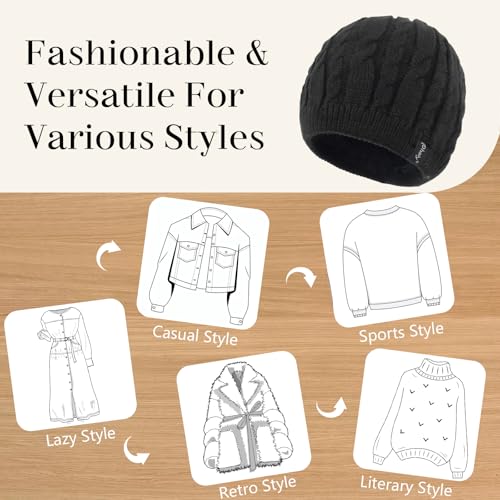 Winter Warm Beanie Hat for Women Men, Thick Cable Knit Cuffed Beanie - color: Black