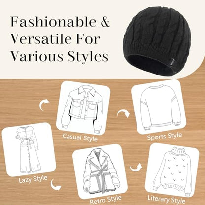 Winter Warm Beanie Hat for Women Men, Thick Cable Knit Cuffed Beanie - color: Black