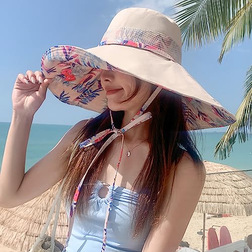 6" Extra Wide Brim Sun Hats UPF 50+ UV Protection Packable Beach Hat Strap Women - color: Beige