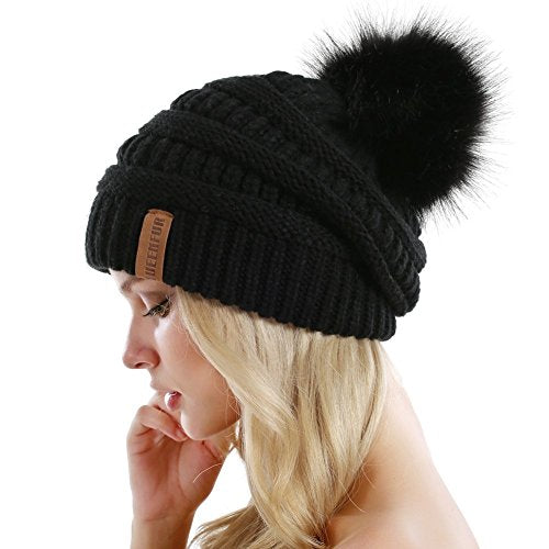 Women Knit Slouchy Beanie Chunky Baggy Hat with Faux Fur Pompom Winter Soft Warm Ski Cap - color: A2-black