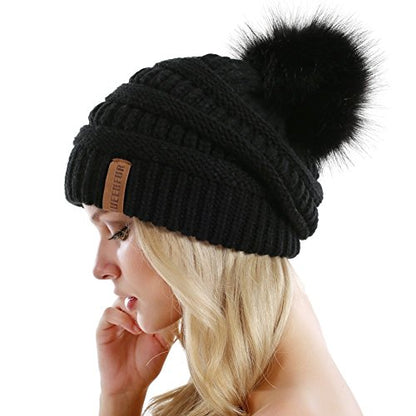 Women Knit Slouchy Beanie Chunky Baggy Hat with Faux Fur Pompom Winter Soft Warm Ski Cap - color: A2-black
