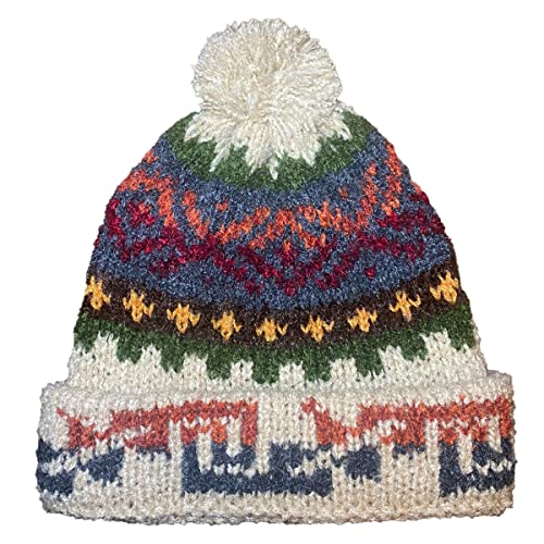 TINKUY Peru Alpaca Wool Winter Beanie, Handmade Bobble Hat, Unisex, One Size - color: Beige