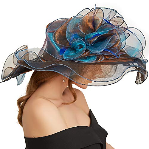 Women Oganza Sun Hat Church Wide Brim Wedding Formal Fascinator Hat - color: Blue & Coffee
