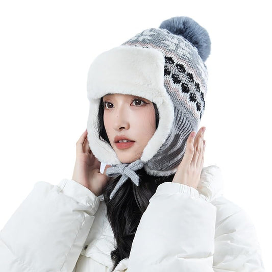 Women Winter Beanie Hat Thick Fleece Lined Warm Earflap Trapper Hat Pom Pom Jacquard Knited Outdoor Ski Snow Cap - color: Style 2-gray