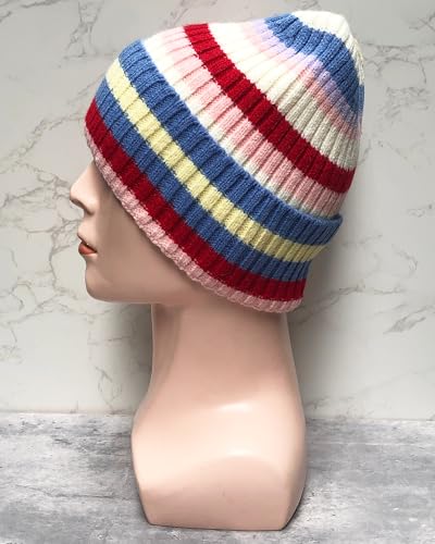 Colorful Striped Beanie Cuffed Winter Soft Rib Knit Hat for Women Men Gift - color: Blue
