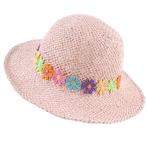 Baby Girl Straw Hat 3-6 Years Girls Summer Beach Hats with Bowknot Sun Protection Hats for Kids - color: Colorful Flowers-pink