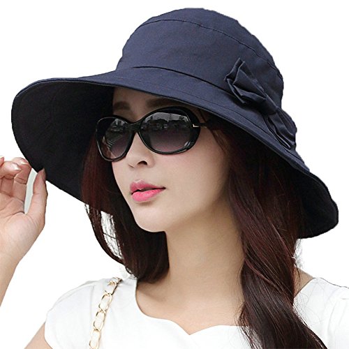 Comhats Packable Summer Cotton Sun Hat Bucket for Women UV Protection Wide Brim Beach Gardening Travel 54-64CM - color: Navy, size: Small