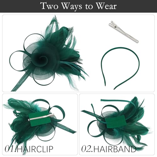 AMCAMI Fascinators Hats with Feather for Women 2026 Derby Hats Small Tea Party Hat with Headband - color: Dark Green