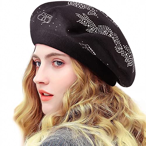LADYBRO Rhinestone Beret Hats for Women 2 Layers Wool Knit Cap Lady Winter - color: Black-top Rhinestones