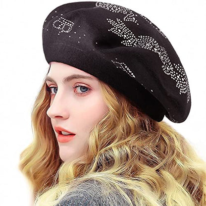 LADYBRO Rhinestone Beret Hats for Women 2 Layers Wool Knit Cap Lady Winter - color: Black-top Rhinestones