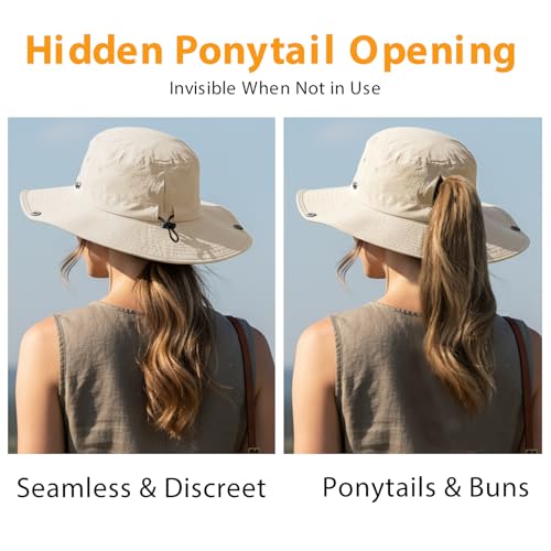 Wide Brim Waterproof Bucket Rain Hat for Women Men UPF50+ Cowboy Sun Hat - color: Ponytail Beige