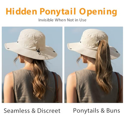 Wide Brim Waterproof Bucket Rain Hat for Women Men UPF50+ Cowboy Sun Hat - color: Ponytail Beige