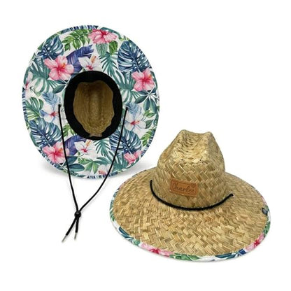 Women's Wide Brim Straw Sun Hat for Beach, Lifeguard Style, Hand-Woven Rush & Mat, Adjustable Chin Drawstring - color: The Tenley