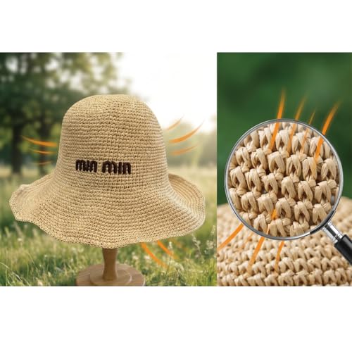Women Straw Sun Hat Summer Beach Hats Foldable Floppy Cap Wide Brim Bucket Hat Solid Handmade Sun Protection Caps - color: Min-beige