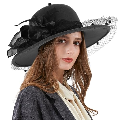 Ladies Wool Felt Bucket Hat Women Vintage Cloche Fedora Winter Church Bowler Hat with Bow - color: A-black