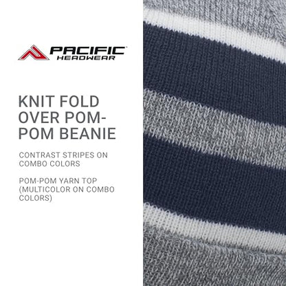 Pacific Headwear Unisex Adult Pacific Headwear Knit Fold Over Pom-pom Beanie - color: Heather/Navy/White, size: One Size