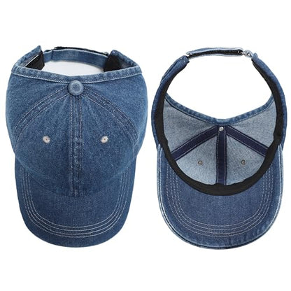 2 Pack Backless Cap for Women Natural Curly Hair Hat Baseball Cap Afro Puff Ponytail Hat - color: Light Blue+blue