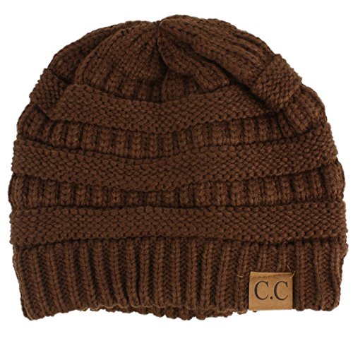 CC Classic Winter Fall Trendy Chunky Stretchy Cable Knit Beanie Hat - color: Solid Brown