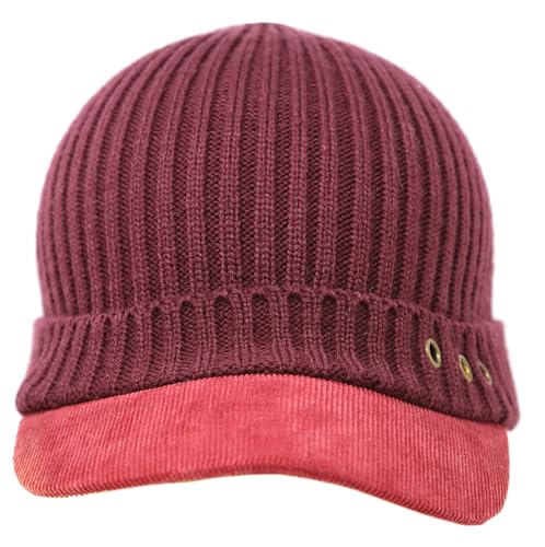 Stretch Knit Brim Beanie Hat for Men & Women – Warm Winter Cap with Visor, Soft Ribbed Cotton Acrylic Blend - color: Red