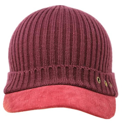 Stretch Knit Brim Beanie Hat for Men & Women – Warm Winter Cap with Visor, Soft Ribbed Cotton Acrylic Blend - color: Red