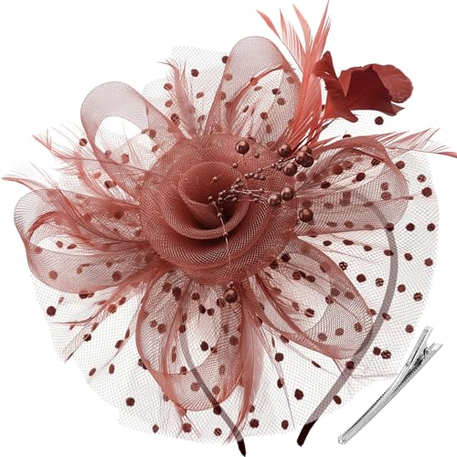 DRESHOW Fascinators Hat Flower Mesh Ribbons Feathers on a Headband and a Clip Tea Party Headwear for Girls and Women - color: 7" Diameter / Coffee