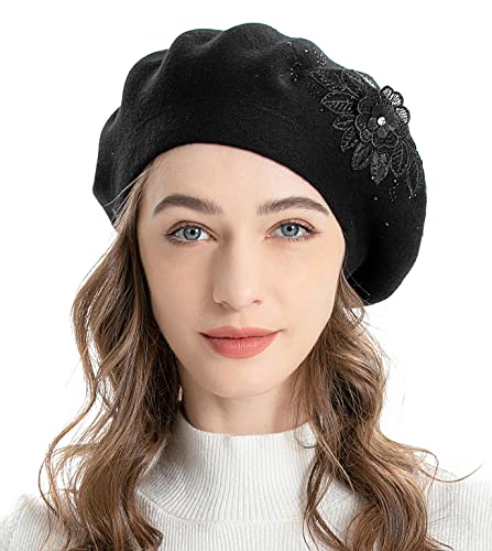ZLYC Women French Beret Hat Reversible Solid Color Mosaic Warm Artist Cap - color: Flower Black