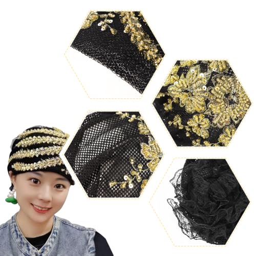 haozaikeji Women Flower Turban Hat Rhinestones Muslim Islamic Head Wrap African Pearl Turban Soft Stretchy Head Cover - color: Black-silver