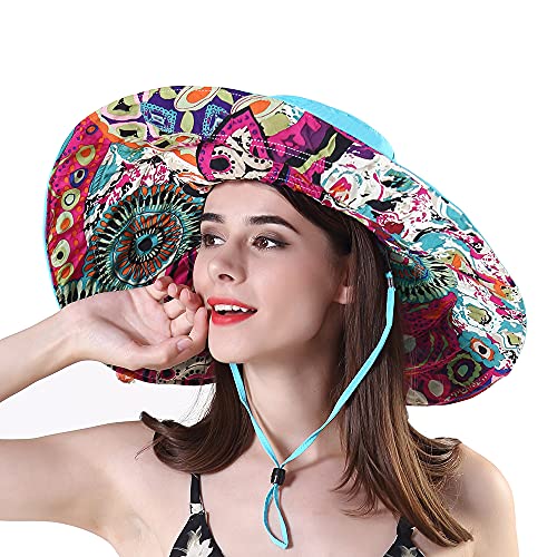 iHomey Packable Shapeable Extra Large Brim Floppy Sun Hat Reversible UPF 50+ Beach Sun Bucket Hat - color: Sky Blue