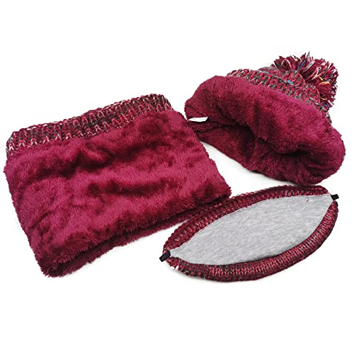Ypser Women's Winter Warm Knitted Crochet Hat Fleece Lined Cable Faux Fur Pom Pom Beanie Hat Skull Cap - color: Red 3 Pcs Set (Hat & Scarf & Face Mask)