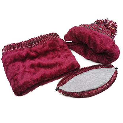 Ypser Women's Winter Warm Knitted Crochet Hat Fleece Lined Cable Faux Fur Pom Pom Beanie Hat Skull Cap - color: Red 3 Pcs Set (Hat & Scarf & Face Mask)
