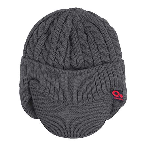 Women's Winter Cable Knitted Visor Beanie Fleece Lining Ear Flap Baseball Cap Hunting Trapper Hat with Billed - color: Dark Grey