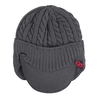 Women's Winter Cable Knitted Visor Beanie Fleece Lining Ear Flap Baseball Cap Hunting Trapper Hat with Billed - color: Dark Grey
