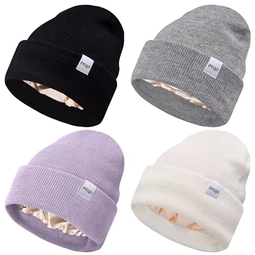 FEQO 4 Pack Satin Lined Winter Beanie Hats Soft Silk Lined Beanies - color: Black, White, Light Gray, Lavender Purple