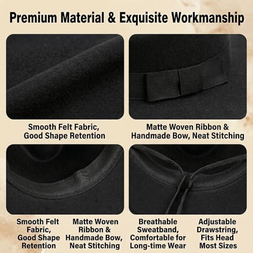 UPSTORE Unisex Classic Wide Brim Felt Fedora Hat for Daily Wear, Black