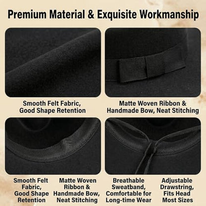 UPSTORE Unisex Classic Wide Brim Felt Fedora Hat for Daily Wear, Black