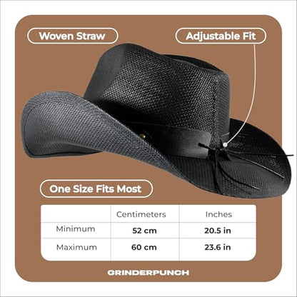 grinderPUNCH Straw Cowboy Hat for Men Women Western Cowgirl Outback Sun Hat - color: Black