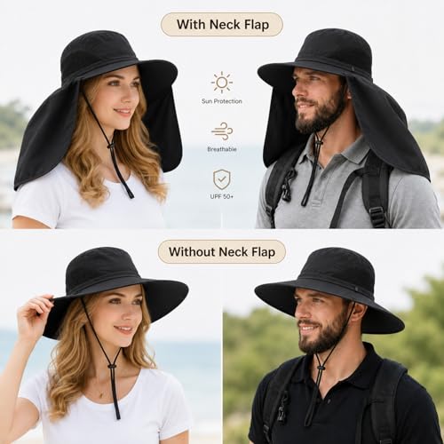 HUAMULAN Women Men Wide Brim Sun Hat Hiking Fishing Hats with Neck Flap - color: Black Solid