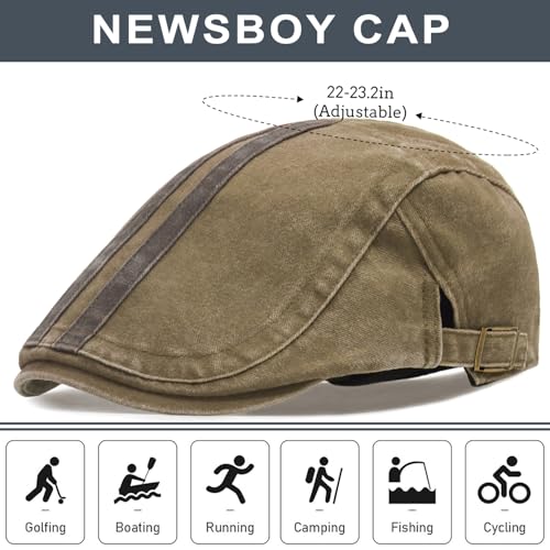 Initlove Mens Newsboy Cap Washed Beret Ivy Hat Flat Hats for Cabbie Driving - color: B Khaki
