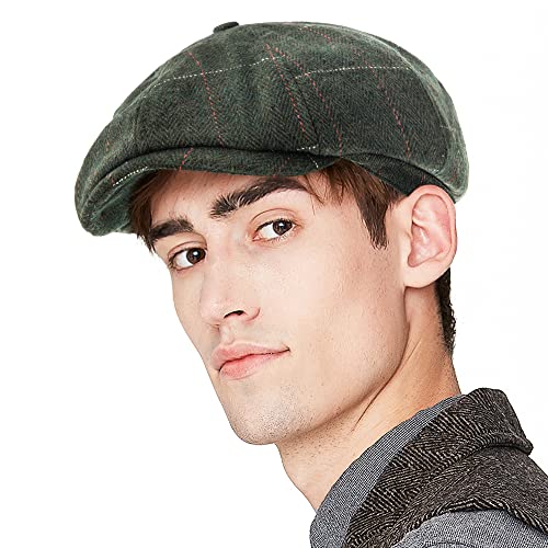 LADYBRO 8 Panel Newsboy Hats for Men Cap Irish Wool Blend Tweed, Adjustable - color: 004 Plaid Green, size: 7 3/4-8